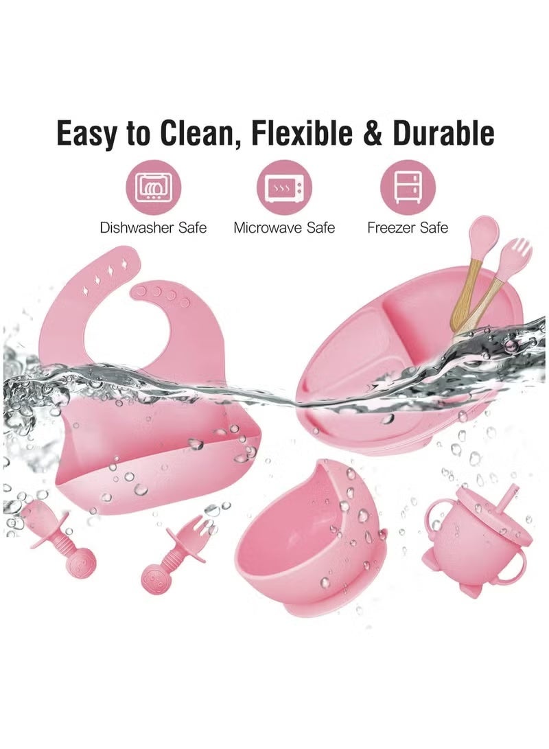 DPTER 8 Piece Silicone Baby Feeding Set, Baby Led Weaning Supplies, Baby Tableware Set with Suction Bowl, Divided Plate, Sippy Cup, Forks, Spoons, Adjustable Bib, BPA Free Toddler Feeding Utensils, Toddler Feeding Supplies, Pink - Image 4